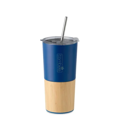 Hordozható hőtartó Termosz Utazó Pohár Cobalt Bamboo 500ml fém szívószállal